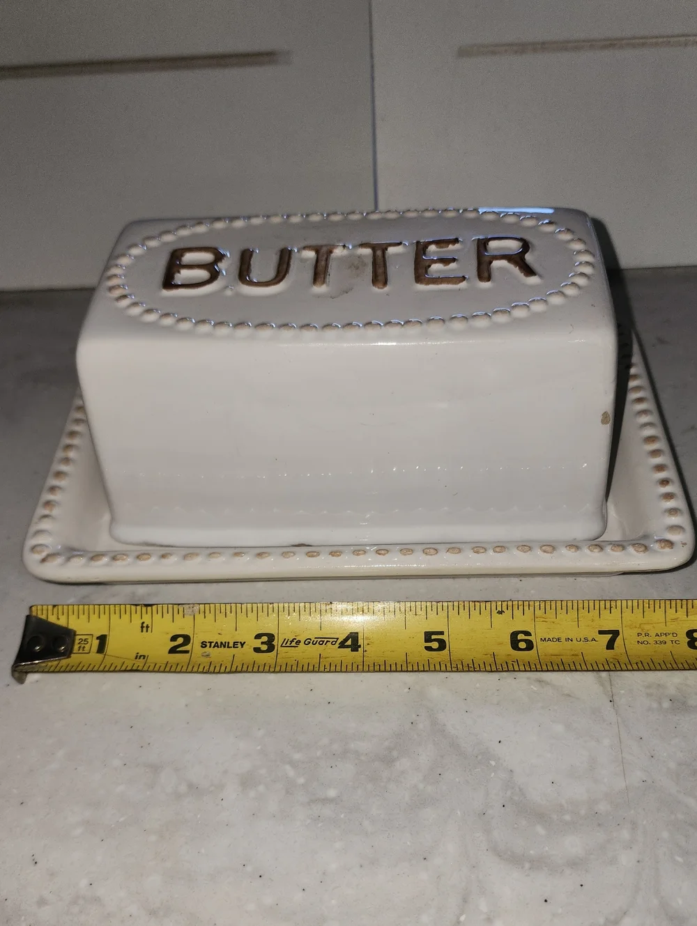 Large White Ceramic Butter Dish with Beaded Edge